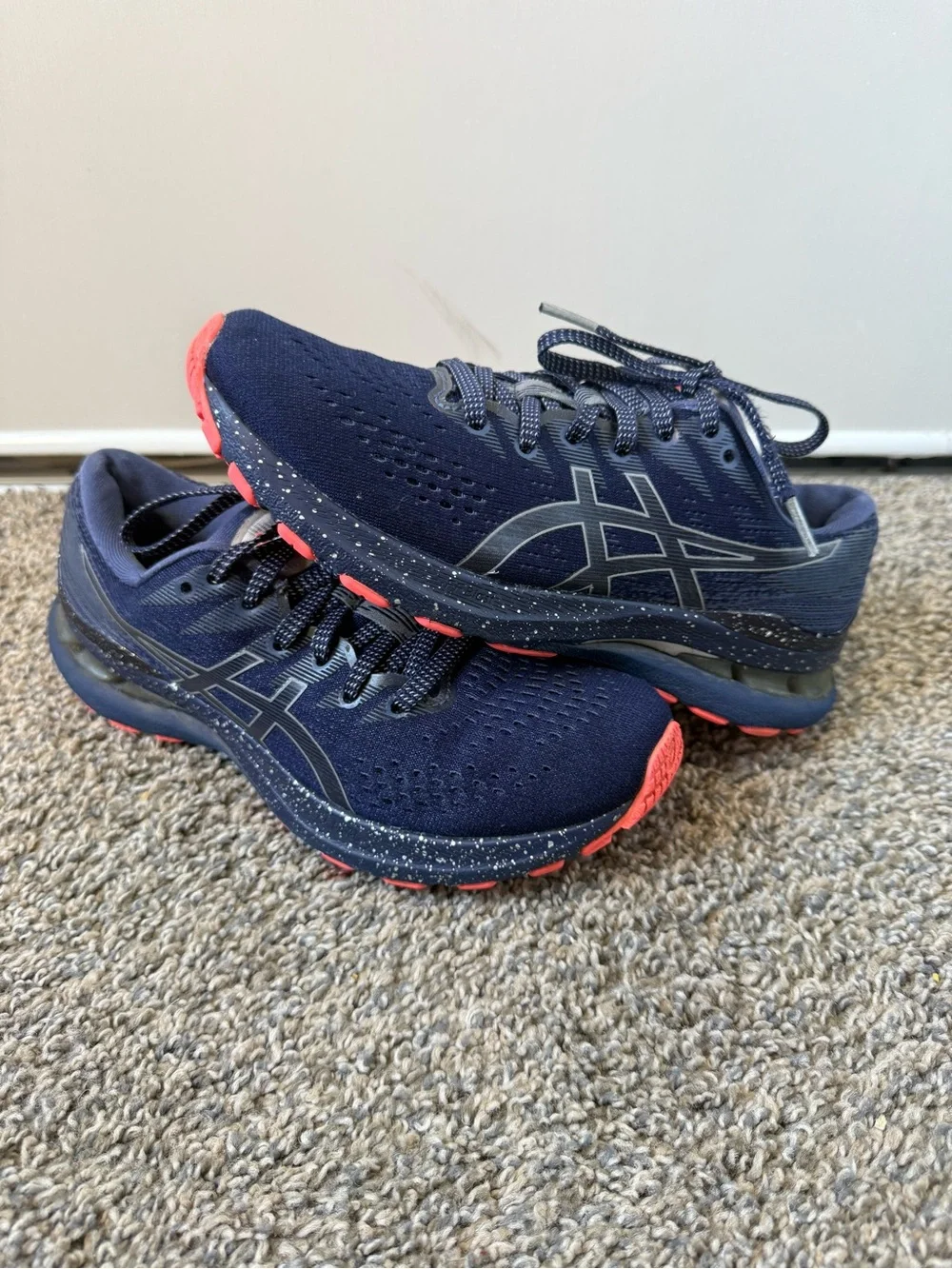 Asics size 6.5 Navy Running Shoes with Coral Accents
